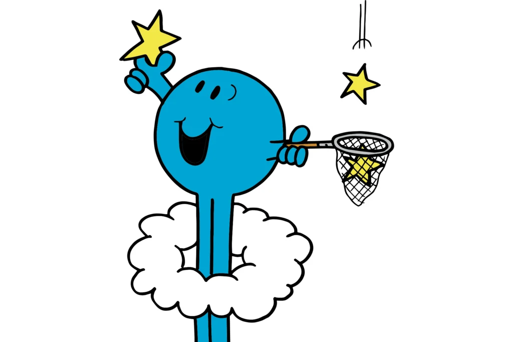 Mr Tall stands above the clouds, holding a star and catching another in a net