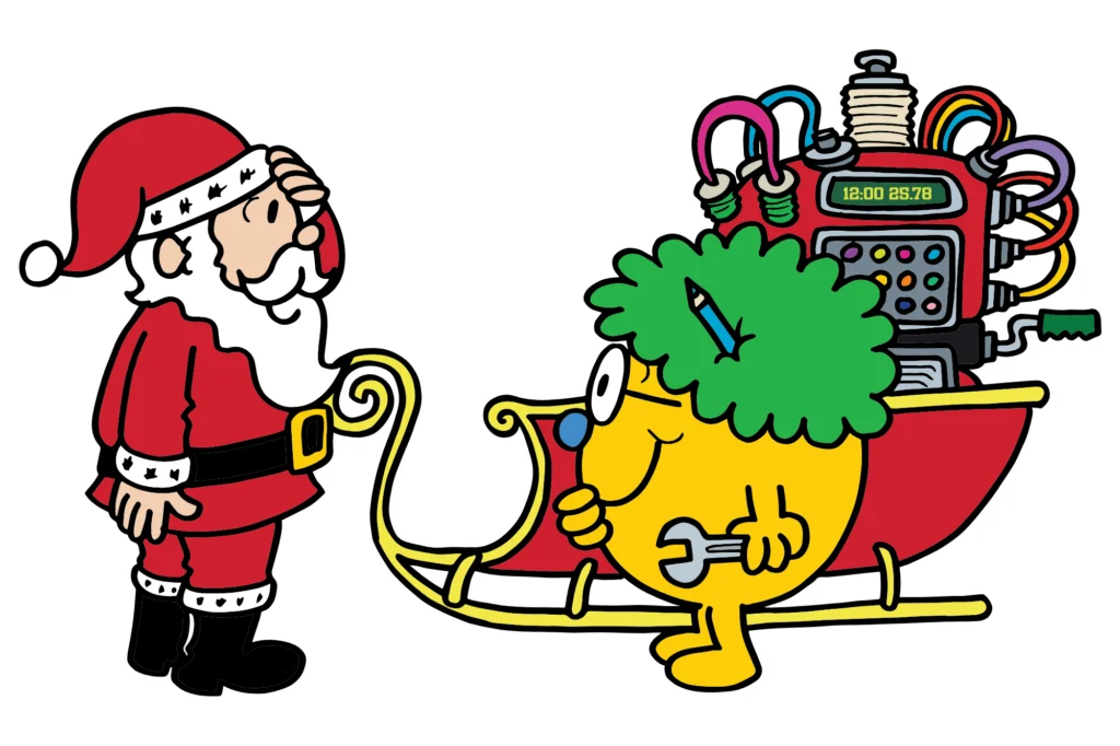 Santa scratches his head next to Little Miss Inventor and her sleigh fitted with a time machine