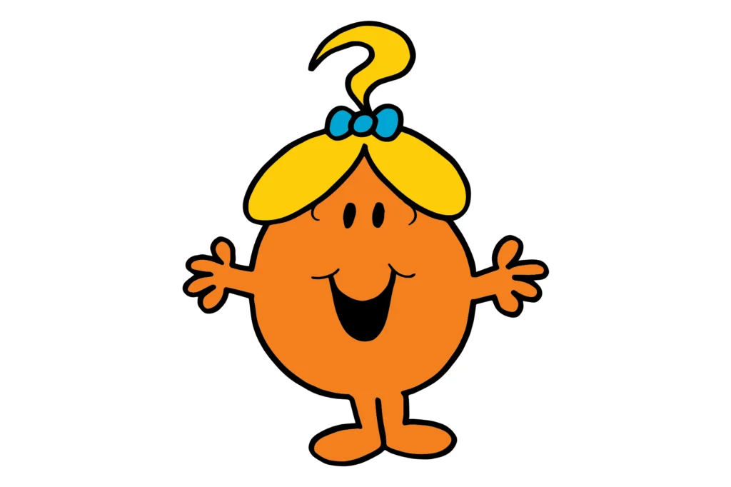 A smiling orange Little Miss with a question-mark curl in her hair, arms wide open