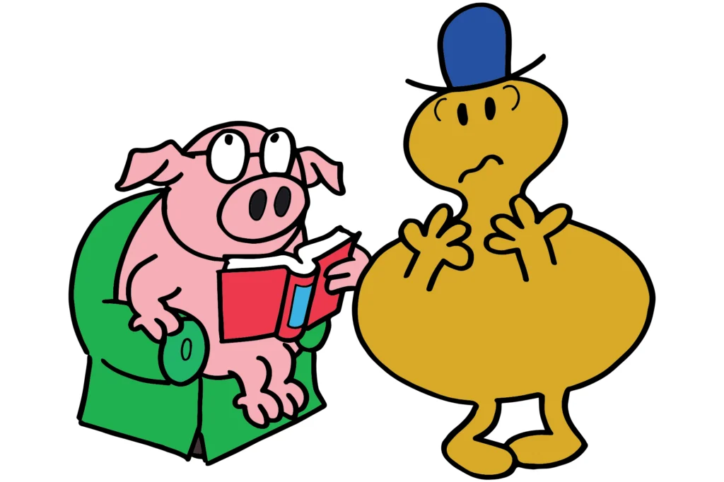 A pig with glasses reads a book in an armchair while a puzzled Mr. Man in a blue hat looks on