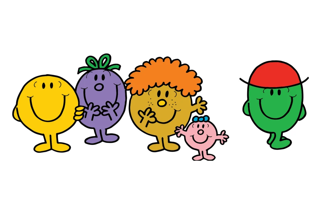 A row of smiling Mr. Men and Little Miss characters, all different shapes, sizes and colours, one of them green