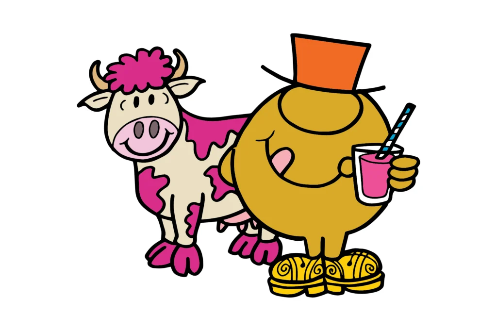 A pink-spotted cow next to a Mr. Man in an orange hat holding a glass of pink milk